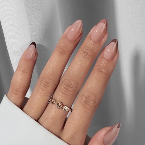 Almond Press On Nails - BTArtbox French Tip Press On Nails, Supremely Fit & Natural Glue On Nails with Nail Glue, Reusable Stick On Nails in 16 Sizes - 30 Fall Soft Gel Fake Nails Kit, Morning Coffee