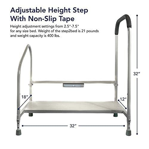 Step2Bed Bed Rails For Elderly with Adjustable Height Bed Step Stool & LED Light for Fall Prevention - Portable Medical Step Stool comes with Handicap Grab Bars making it easy to get in and out of bed