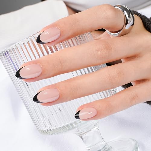 Canvalite French Tip Press On Nails, 30Pcs Short Almond Press on Nails Reusable Acrylic Fake Nails with Glue & Glue Remover Easy to Use Manicure Kit for Women, Black