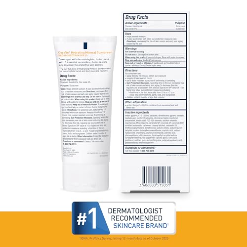 CeraVe 100% Mineral Sunscreen SPF 30, Face sunscreen With Zinc Oxide & Titanium Dioxide, Hyaluronic Acid + Niacinamide + Ceramides, Oil Free, Travel Size 2.5 oz
