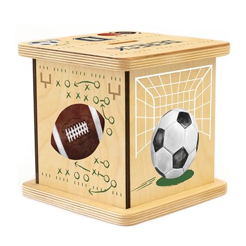 Wooden Piggy Bank for Kids and Adults, Personalized Gift Handmade in USA by BloomOwl, Custom Piggy Bank, Personalized Banks for Kids, Gifts for Baby Boys and Girls (Sports)