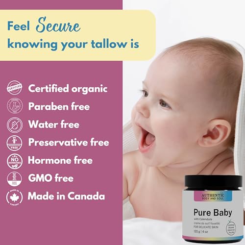Certified Organic Tallow Balm: All Natural Tallow Cream Whip for Delicate Baby Skin and Sensitive Skin - Pure Baby with No Essential Oils. Certified Grassfed by AGW (Pure-Baby 2oz)