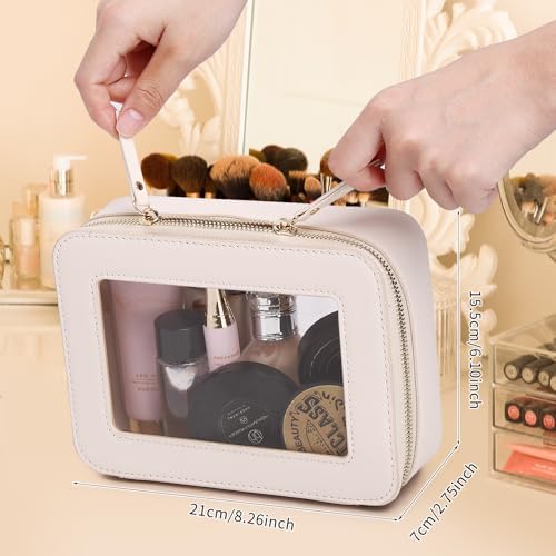 Clear Makeup Bag for Women Waterproof Travel Cosmetics and Toiletries Case Portable Makeup Oaganizer Bag Clear Car Bag with Zipper (Beige, M)