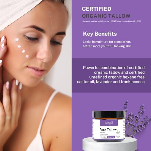 Certified Organic Beef Tallow with Organic Lavender for Sensitive Skin Cream. Delivers Intense Hydration for All Skin Types, Certified Grass-Fed by AGW, by Authentic Body And Soul (Lavender-4oz)