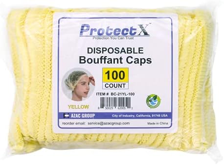 ProtectX 100-Pack Yellow Disposable Hair Nets, Elastic Head Cover, Bouffant Caps, Sanitation Head Cover for Food Service, Spa Men & Women - 21 inch