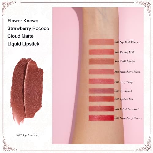Flower Knows Strawberry Rococo Cloud Lip Cream Matte Liquid Lipstick-Long Lasting&Highly Pigmented Lip Stain -Velvety Waterproof Lip Makeup for Girls&Women-0.12 Fl Oz,1 Count(S07 Lychee Tea)