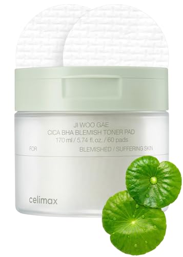 celimax Ji.Woo.Gae Cica BHA Blemish Toner Pad (60 Pads) + The Real Cica Soothing Cream 50ml Bundle