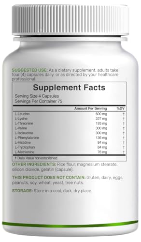 Essential Amino Acids (EAA) 2000mg Per Serving, 300 Capsules – Unflavored - 9 in 1, All BCAAs (Branched-Chain Aminos) – Lean Muscle Support & Natural Pre Workout Supplement