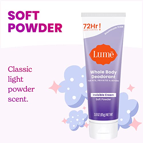 Lume Whole Body Deodorant - Invisible Cream - 72 Hour Odor Control - Aluminum Free, Baking Soda Free, Skin Safe - 3.0 Ounce Tube and 2.6 Ounce Solid Stick Bundle (Soft Powder)