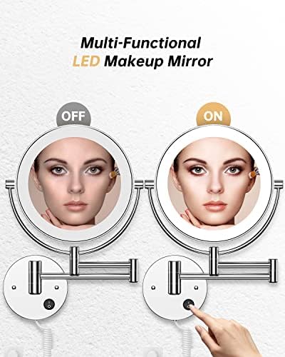 Gospire 8.5" Wall Mounted Lighted Magnifying Mirror, 1X/10X Double-Sided Magnification Round LED Cosmetic Vanity Bathroom Mirror Extendable Arm 360° Swivel for Shaving Makeup