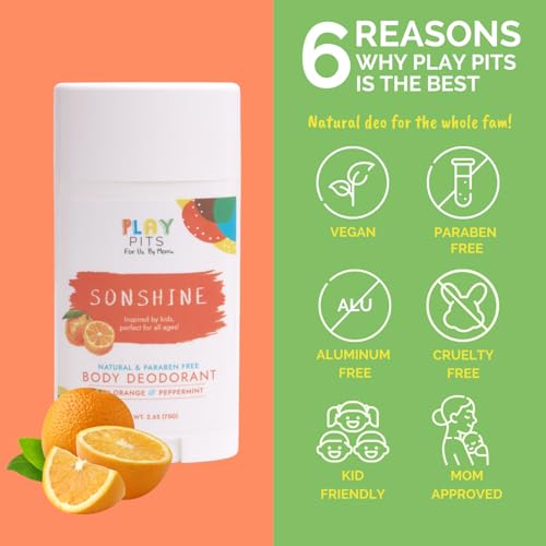 PLAY PITS - Natural Kids Whole Body Deodorant - Safe for Girls & Boys w/Sensitive Skin of All Ages - Clean & Paraben Free – SUGA, SONSHINE, & HAPPY - Infused w/Essential Oils – Variety 3 pack