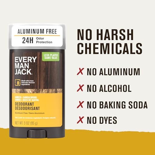 Every Man Jack Amber + Sandalwood Men’s Deodorant - Stay Fresh with Aluminum Free Deodorant For all Skin Types - Odor Crushing, Long Lasting, with Naturally Derived Ingredients - 3oz (4 Pack)