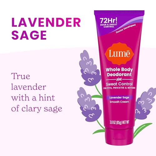 Lume Whole Body Deodorant Plus Sweat Control - Smooth Cream Tube - 72 Hour Odor And Sweat Control - Baking Soda Free, Skin Loving - 3.0 ounce, Pack of 2 (Soft Powder & Lavender Sage)