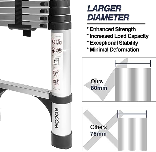 BOCOM 14.5 FT Aluminum Telescoping Ladder, Lightweight Multi-Purpose Collapsible Extension with 2 Triangle Stabilizers, Heavy Duty 330 lbs Max Capacity, Ideal for Home, RV, and Outdoor Work Silver