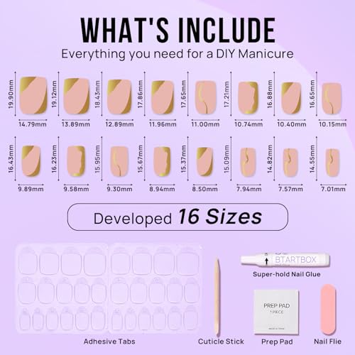 BTArtbox Press On Nails Short Square - Gold Designed Press On Nails, Winter Glue On Nails for Women Gifts, Natural Fake Nail with Glue, Glue On Nails in 16 Sizes - 30 Nail Kit, Gold Leaf