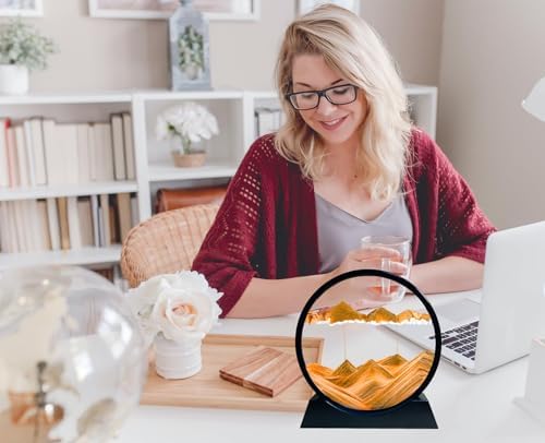 Moving Sand Art Liquid Motion - Moving Sand Art Picture Decor 3D Deep Sea Sandscape, Round Glass Frame Display Flowing Sand Relaxing Toy for Desktop Home Office Work Decoration(Yellow, 12")