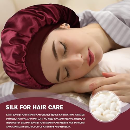Satin Silk Bonnet for Sleeping, Double Layer Silk Sleep Cap for Men & Women, Soft Satin Lined Bonnet for Natural & Curly Hair(Red)