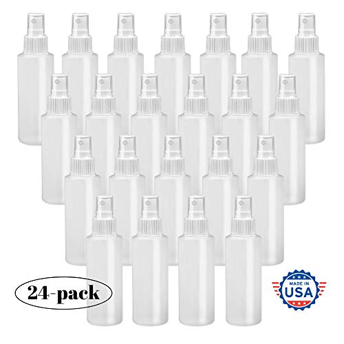【Made In USA】Plastic Spray Bottle Fine Mist 4 Oz (120ml) – Refillable, Reusable, Portable Sprayer, Travel Size, Leak Proof for Household Use, Essential Oil, Cleaning Solution and Perfume (24 Pack)