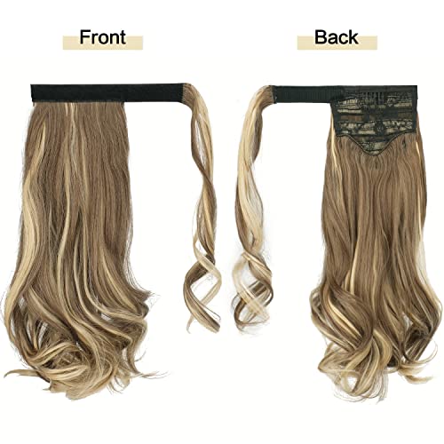 SOFEIYAN Curly Ponytail Extension 15 Inch Heat Resistant Synthetic Natural Wavy Hairpiece Wrap Around Pony Tail Hair Extensions for White Black Women Hair Piece, Ash Brown Highlighted Bleach Blonde