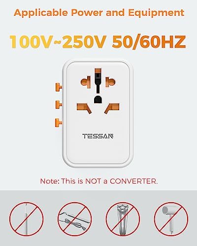 TESSAN Universal Travel Adapter Worldwide, GaN 65W International Plug Adaptor with 3 USB C 2 USB A Ports, World Power Outlet for European USA UK Australia Ireland(Type C/G/A/I)