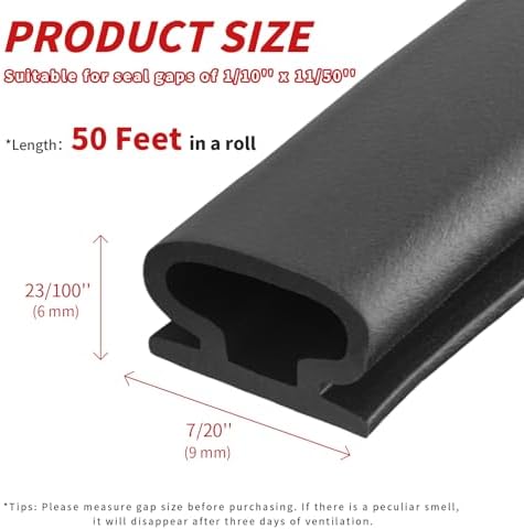 50 Feet D-Shape Rubber Weather Stripping Door Seal Strip, Fingwerk Self-Adhesive Backing Door Weatherstripping for Door Frame Insulation Large Gap, Easy Cut to Size(Black)