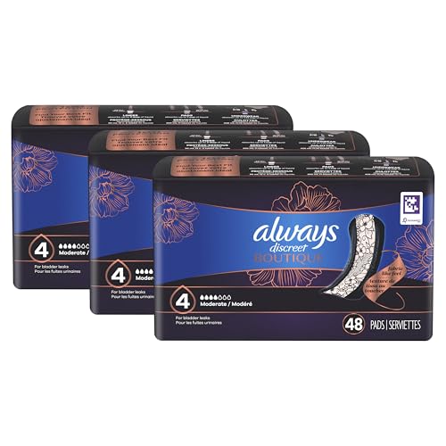 Always Discreet Boutique Incontinence Pads, for Bladder Leaks, Moderate Absorbency, Regular Length, 144 Count (3 Packs of 48)