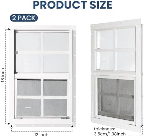 COLORPAPA 2 Pack Shed Windows,12" x 18" Small Sliding Windows,Flush Mount Windows with Tempered Glass and Fiberglass Screen for Shed, Chicken Coop, Playhouse, Household, Garage, Barns (White)