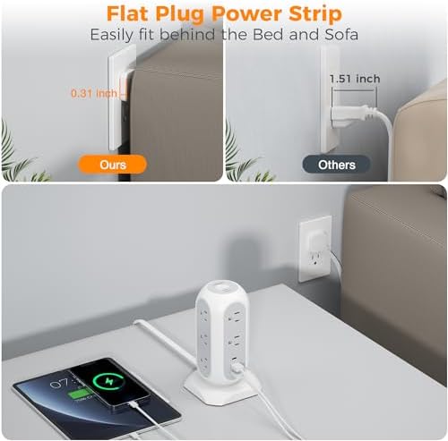 Tower Power Strip Flat Plug with 11 Outlets 3 USB (1 USB C), TESSAN Surge Protector Tower 1625W/13A,1050J Protection, 6 Feet Extension Cord with Multiple Outlets, Office Desk Supplies, Dorm Essentials