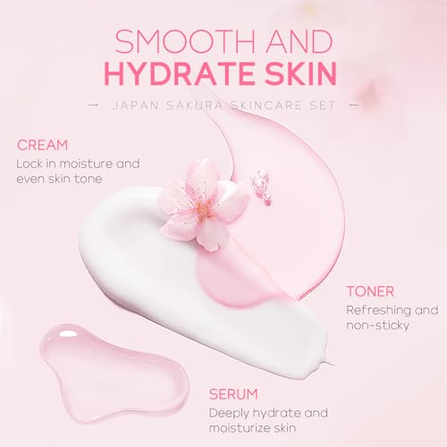 Skin Care Set JAPAN SAKURA Women Beauty Gift Sets Skin Care Kit with Cleanser, Toner, Lotion, Serum, Eye Cream, Face Cream Travel Kit for Women Teen Girls Mom Daughter TSA-friendly Sizes 6pcs