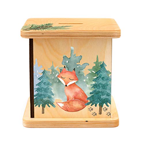 Wooden Piggy Bank for Kids and Adults, Personalized Gift Handmade in USA by BloomOwl, Custom Piggy Bank, Personalized Banks for Kids, Gifts for Baby Boys and Girls (Woodland Friends)