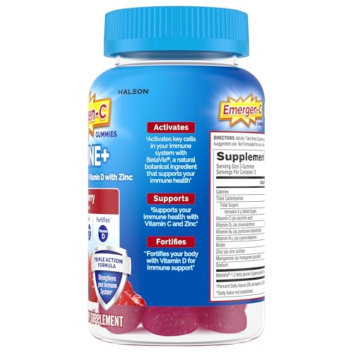 Emergen-C Immune+ Triple Action Immune Support Gummies, BetaVia (R), 1000mg Vitamin C, B Vitamins, Vitamin D and Antioxidants, Raspberry – 45 Count