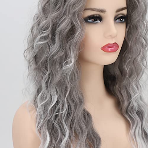 Fencca Grey Long Curly Wig Synthetic Mixed Gray Wave Curly Wigs for Women Free Part Full Curly Wig Layered Long Wavy Grey Wig