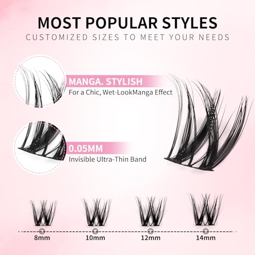 Flora Lash Clusters Kit 8-14mm Individual Lashes D Curl Spiky Cluster Lashes Kit Wispy Eyelash Clusters DIY Eyelash Extension kit with Lash Bond and Seal 0.05mm Ultra-Thin Black Lash Band DIY at Home