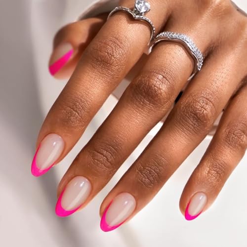French Tip Press On Nails Almond - BTArtbox Hot Pink Press On Nails Short, Stick On Nails for Women, Glue On Nails with Nail Glue in 16 Sizes - 30 Soft Gel Fake Nails Kit, Berry French