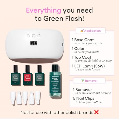 MANUCURIST • Green Flash Premium LED Gel Nail Polish Kit • 36W LED Nail Lamp • Vegan • Base Coat + Top Coat + Poppy Red Polish + Gel Polish Remover + Nail Clips