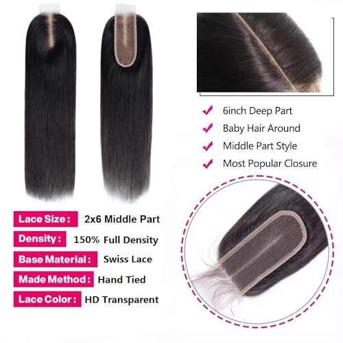 2x6 HD Lace Closure with Bundles 10 12 14+10 Inch Straight Bundles with Closure Human Hair 100% Unprocessed Brazilian Virgin Weave Bundles Human Hair 3 Bundles Deals with Closure