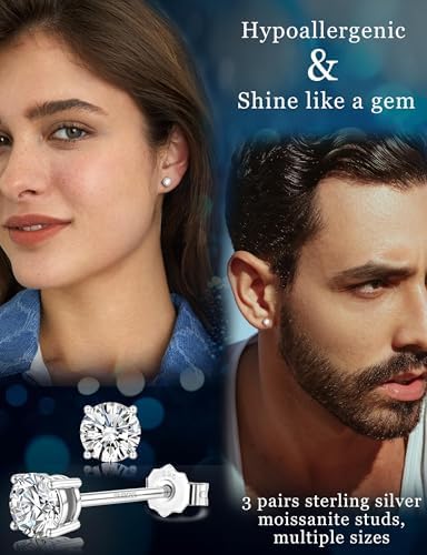 Moissanite Stud Earrings 3 Pairs 18K White Gold Sterling Silver Moissanite Diamond Men's Flat Back Stud Earrings Cartilage Helix Piercing D Color Lab Created Moissanite Earrings
