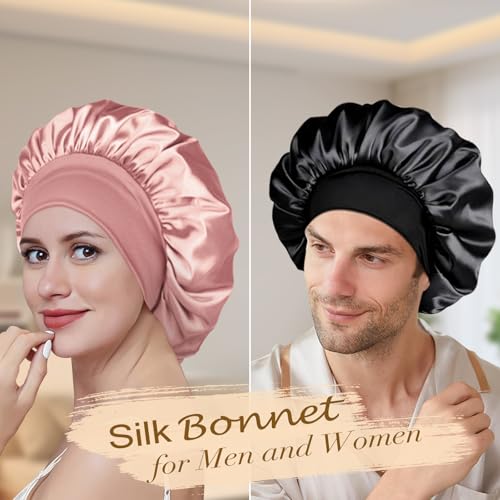 Adubor Silk Bonnet for Sleeping Women Men - Larger Double Layer Satin Bonnet for Sleeping - Non-Slip Silk Turban - Hair Bonnet for Sleeping - Sleep Cap for Curly Hair (Black+Pink)