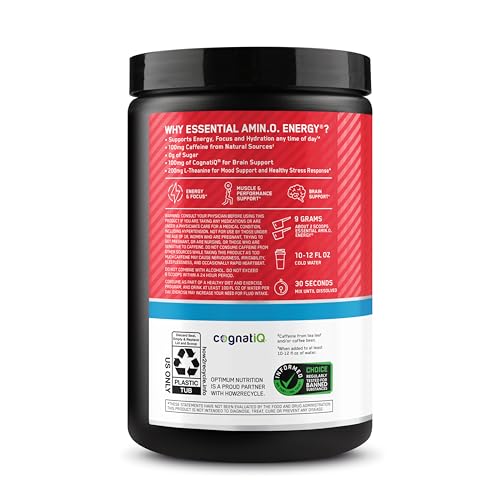 Optimum Nutrition Amino Energy Powder Plus Focus, with BCAA, Electrolytes, and Caffeine, Juicy Strawberry, 30 Servings (Packaging May Vary)