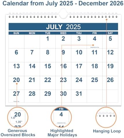 Calendar 2025-2026 - Wall Calendar from July 2025 to December 2026, 2025-2026 Calendar with Thick Paper, 8.5" x 11", Blue