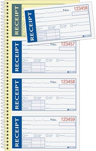 Adams Write n' Stick Receipt Book, 2-Part, Carbonless, White/Canary, 5-1/4" x 11", Spiral Bound, 200 Sets per Book, 4 Receipts per Page (SC1152WS)