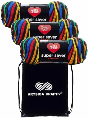 Red Heart Super Saver Primary Stripes E300-3954 (3-Skeins - Same Dye Lot) Worsted Medium #4 Acrylic Yarn for Crocheting and Knitting with Project Bag