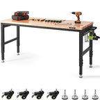 VEVOR Workbench for Garage 72" Adjustable Workbench, Heavy-Duty Hardwood Worktable with Universal Wheels, 3000 LBS Load Capacity, with Power Outlets, for Workshop, Garage, Office and Home