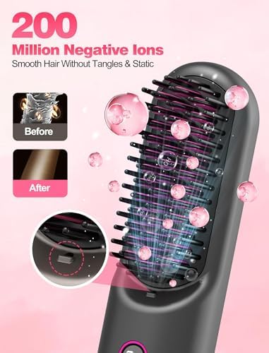 Cordless Hair Straightener Brush for Travel,Mini Hair Straightener Comb with Negative Ion,Portable hot Brush for Women, Rechargeable 9600mAh Battery, Anti-Scald,12 Temp-Setting