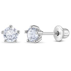 In Season Jewelry Solitaire Simulated Birthstone Kids Earrings - 925 Sterling Silver Hypoallergenic Earrings for Girls with Secure Screw Backs - Safe & Comfortable for Kids & Little Girls, Clear