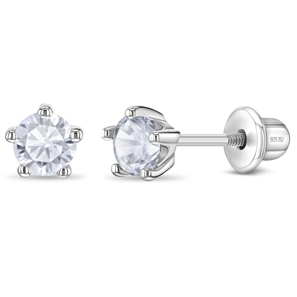 In Season Jewelry Solitaire Simulated Birthstone Kids Earrings - 925 Sterling Silver Hypoallergenic Earrings for Girls with Secure Screw Backs - Safe & Comfortable for Kids & Little Girls, Clear