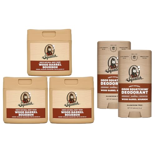Dr. Squatch NEW Natural Body Wash and Deodorant for Men Gift Set - Wood Barrel Bourbon - Non-Exfoliating Body Wash (8 oz, 3 Pack) + Odor-Squatching, Aluminum Free Deodorant (2.65 oz, 2 Pack)