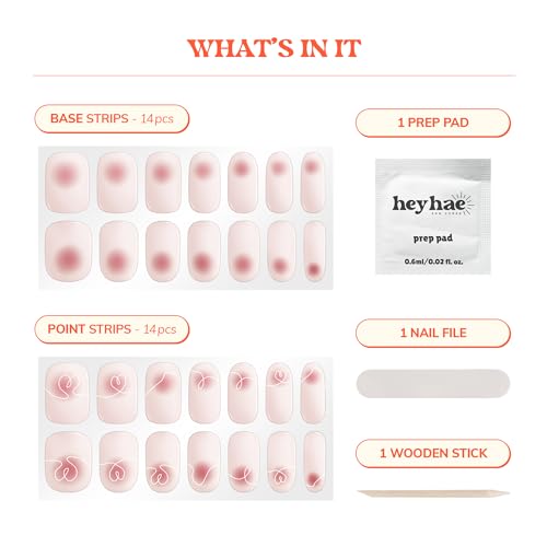 Semi Cured Gel Nail Strips | Sun Cured Gel Nail Wraps No LED Lamp Needed Easy Apply & Remove | Includes 28 strips, 1 Prep Pad, 1 Nail File & 1 Wooden Stick - Hey, Make Me Blush