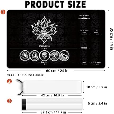 MTG Playmat with Play Zones – Magic Play mat Card Game Mat for Magic The Gathering, Lotus & Basic Lands Design, 24x14 inch, Stitched Edge, Non-Slip Base with Prismatic Playmat Tube-White Zone