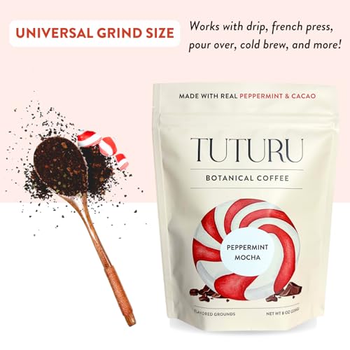Organic Peppermint Mocha Ground Coffee - Real Peppermint & Cacao - Medium Roast, Organic Flavored Coffee - Smooth Low-Acid - Perfect for Drip, Pour Over or Cold Brew - 8 oz, 22 Servings